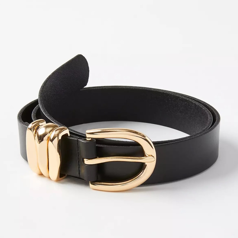 LOFT Black Leather Belt with Gold Buckle